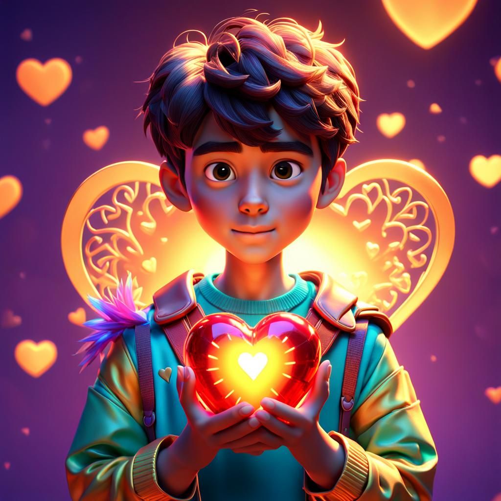 Boy Holds Glowing Heart: Pixar-style 3D Digital Art