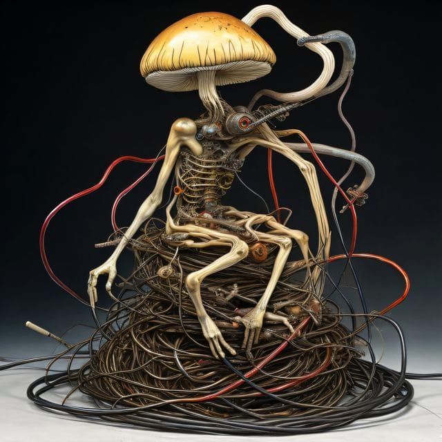 Close Up of Ugly Mutated Psilocybe Cubensis Abomination sitting on a Pile of Cables