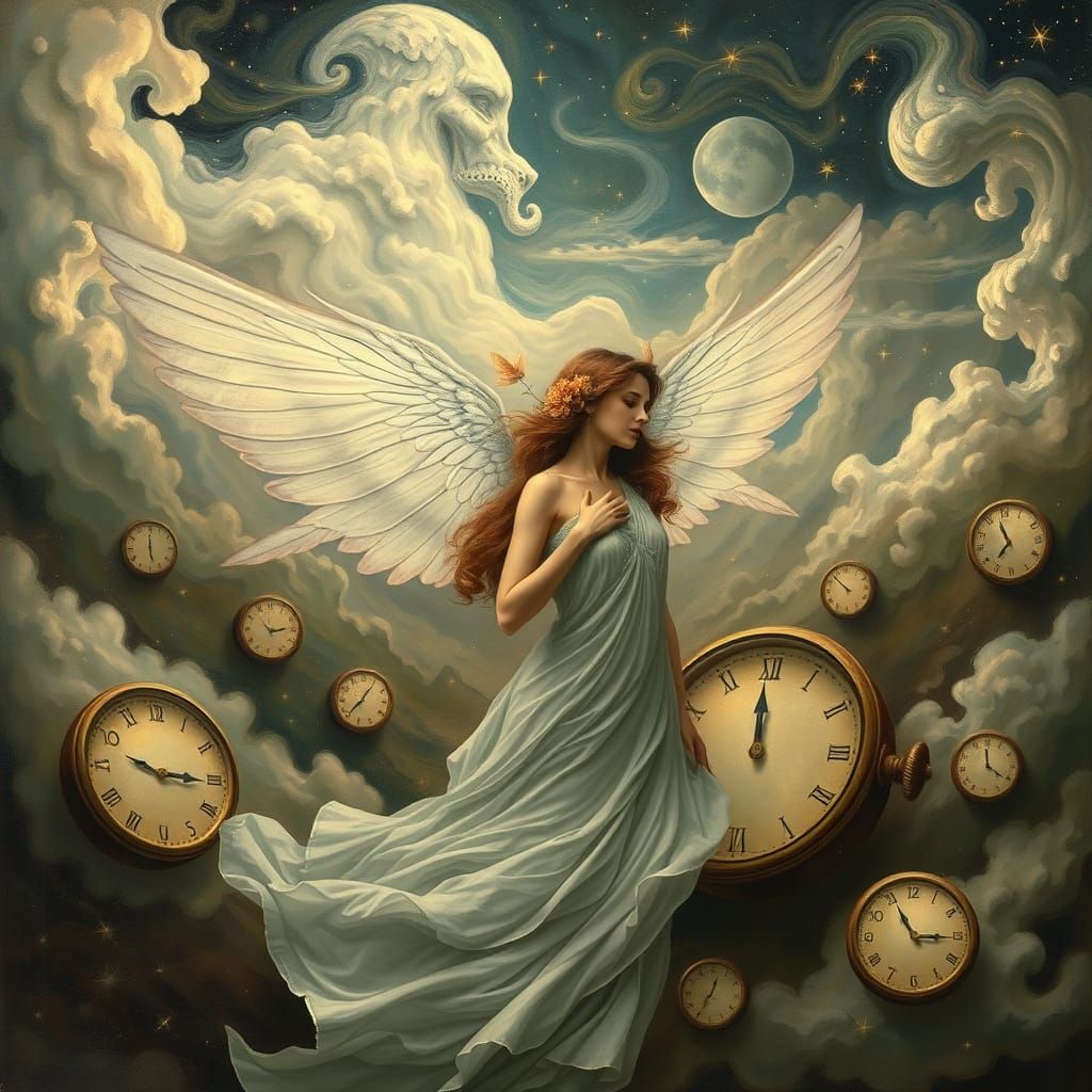 Dreamlike Winged Woman in Whimsical Starry Landscape