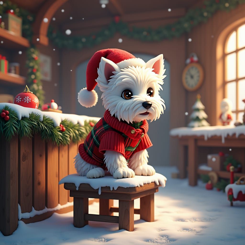 Festive Terrier at Santa's Workshop in Anime Style