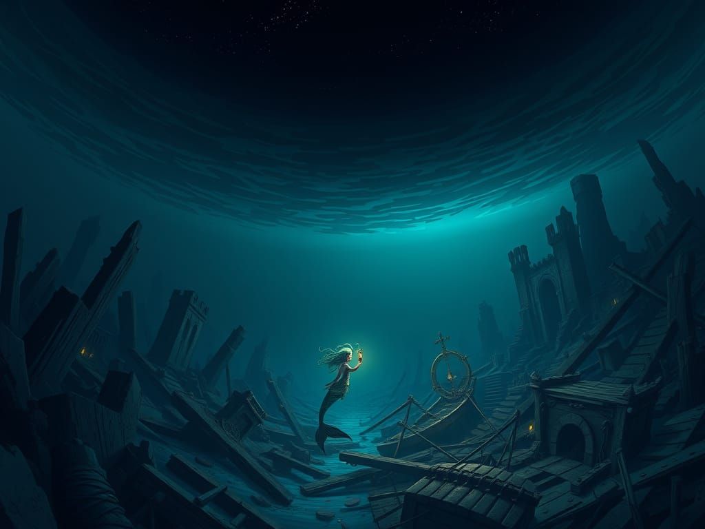 Dark Ocean Abyss with Merfolk and Ancient City Ruins in Mang...