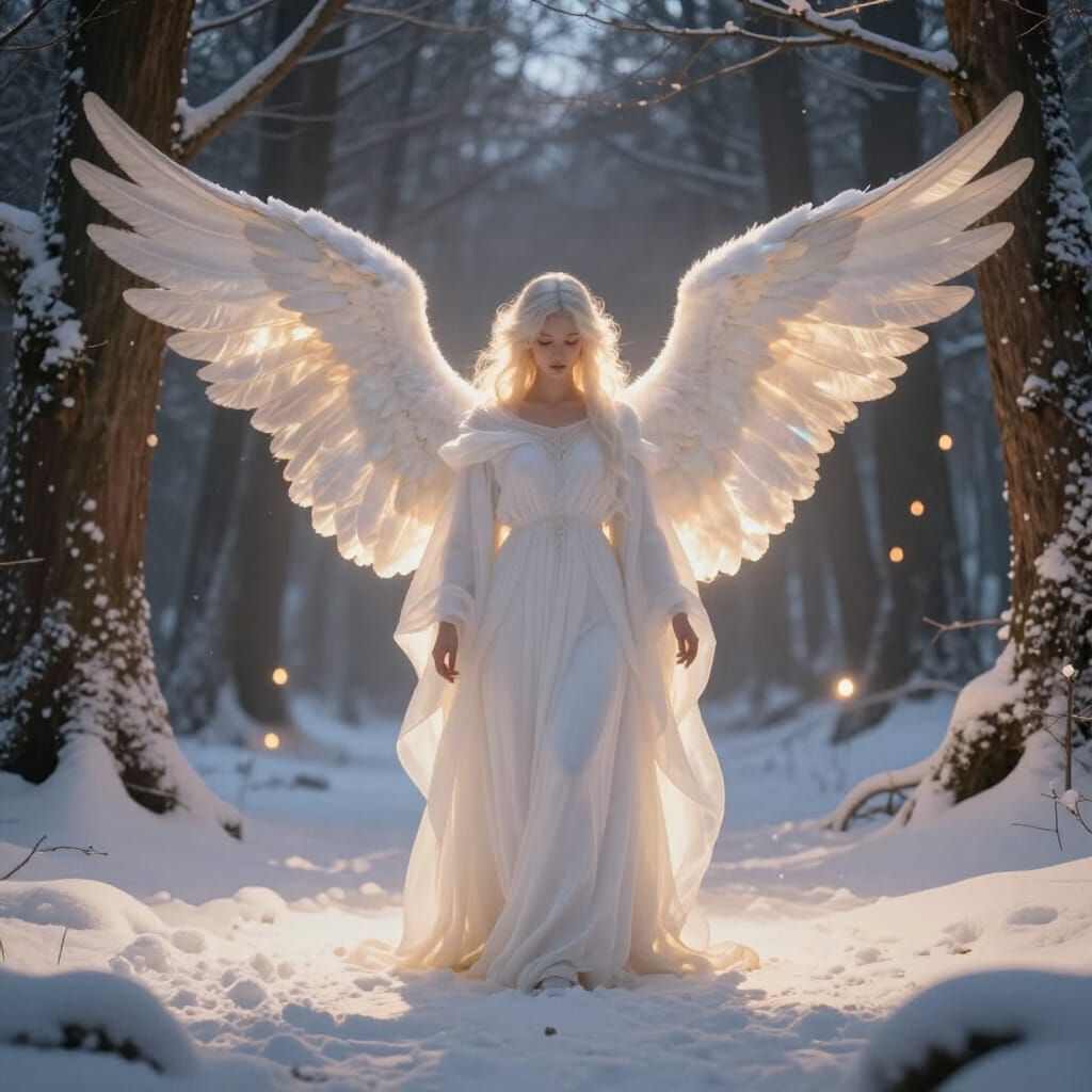 Majestic Angel With Luminous Wings in Ancient Forest