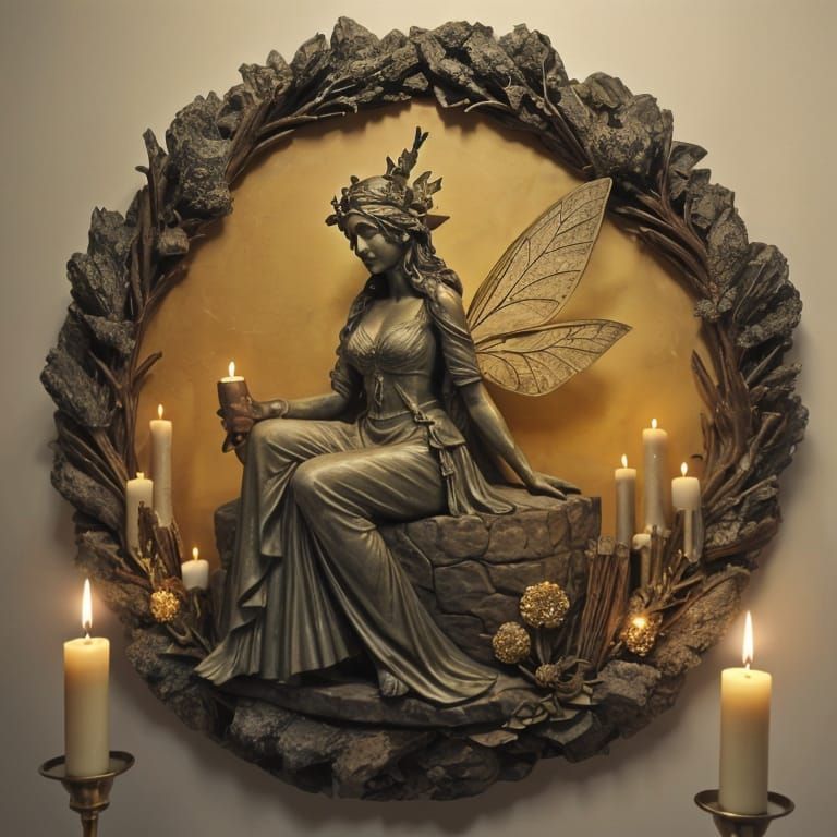Fairy Amidst Winter Decor, in Bas-Relief Sculpture