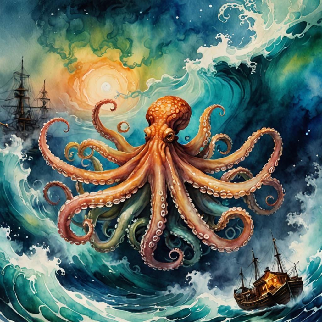 Kraken Emerges: Watercolor Painting in Triadic Colors