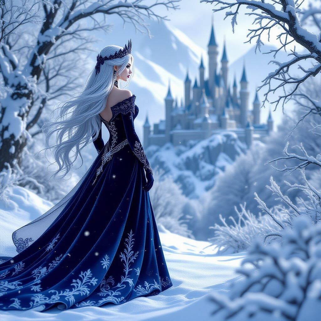 Regal Vampire Queen in Snowy Forest, WLOP Style