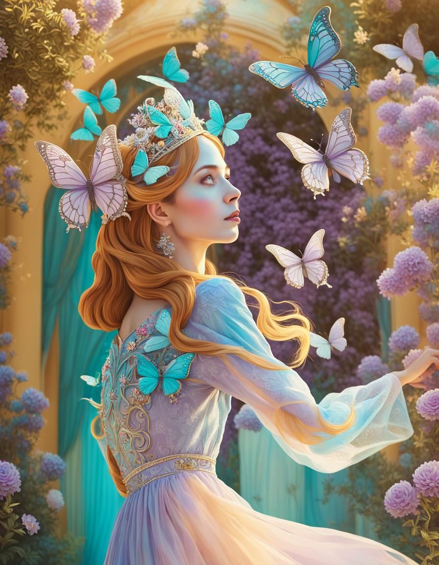 Lady with Butterfly Tiara in Surreal Garden