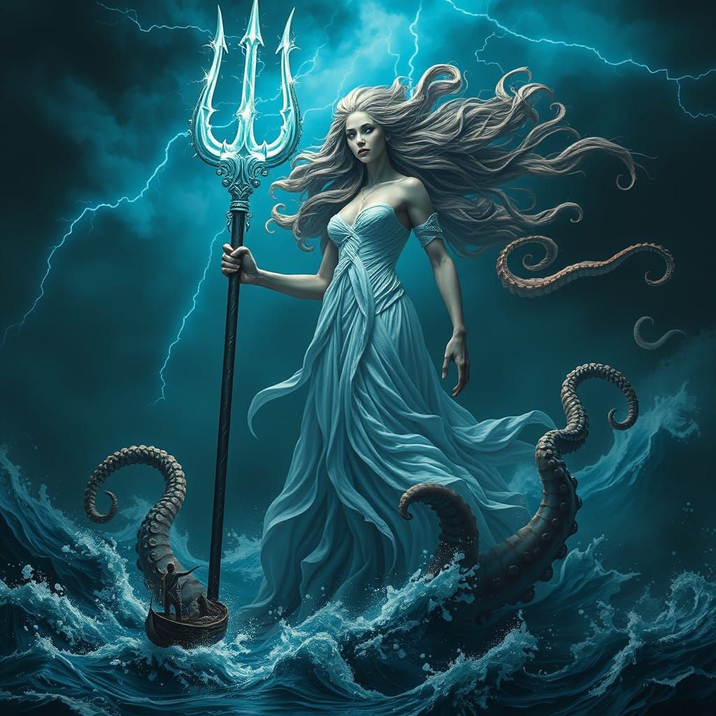 Majestic Half-Octopus Goddess Dominates Apocalyptic Storm