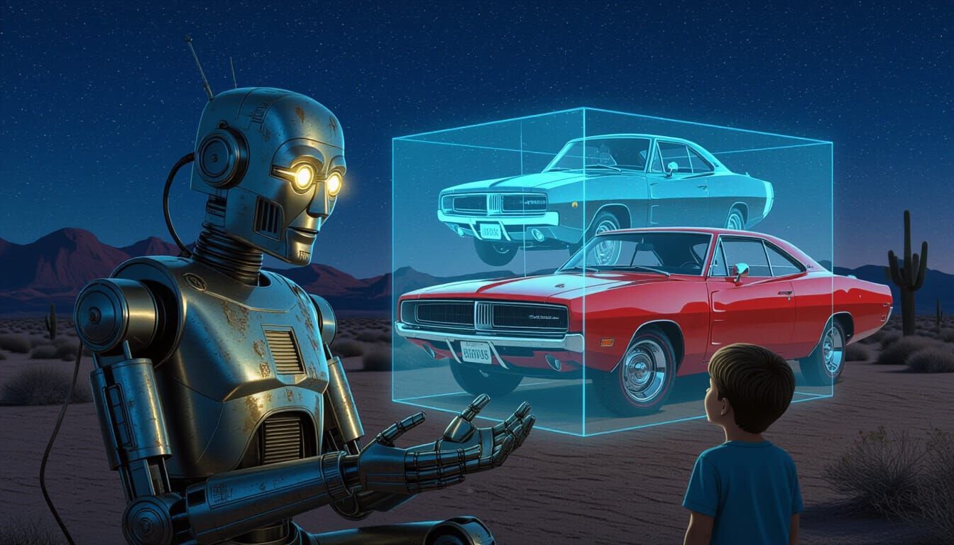 Wise Robot Shows Child Holographic Muscle Car
