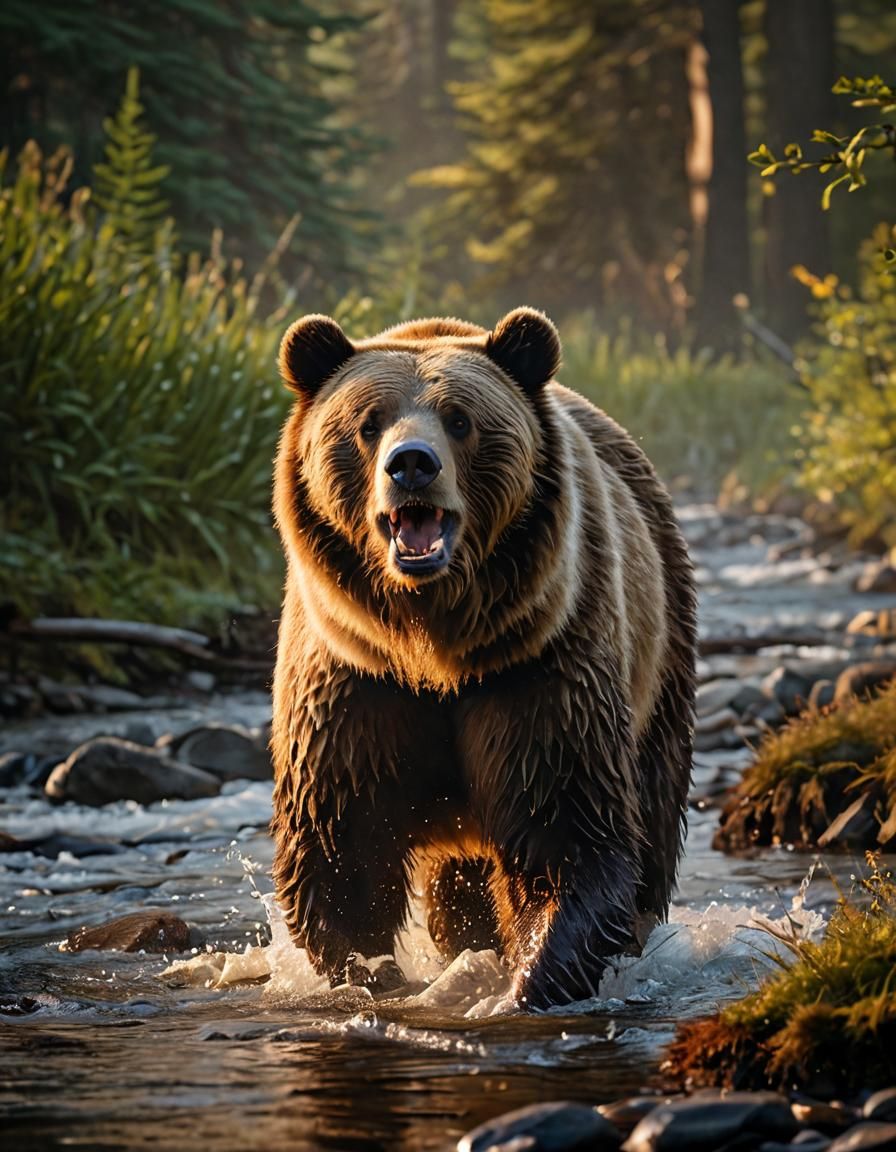Grizzly Bear Captures Fish at Sunrise: Photorealistic Image