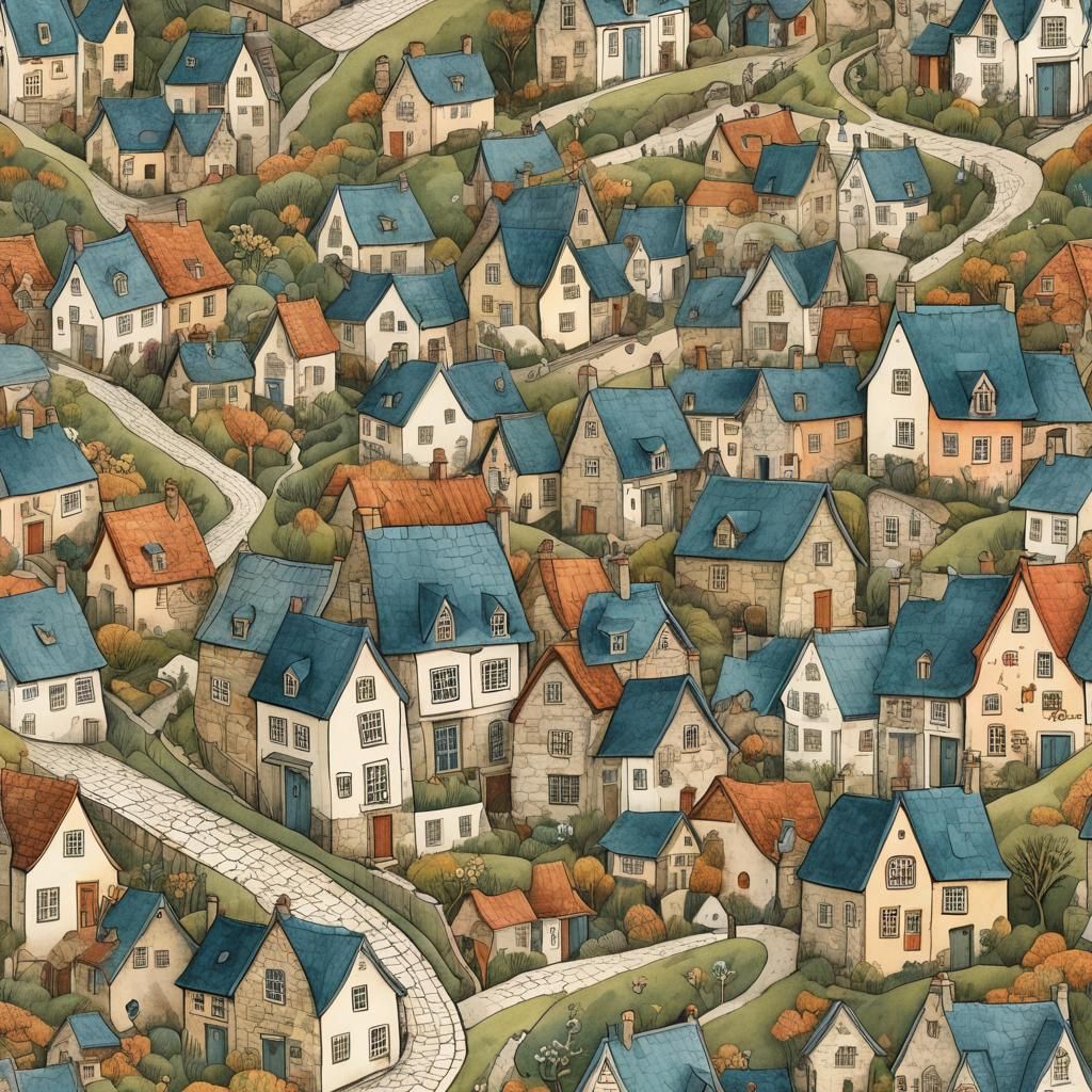 Charming Hillside Village in Children's Book Style
