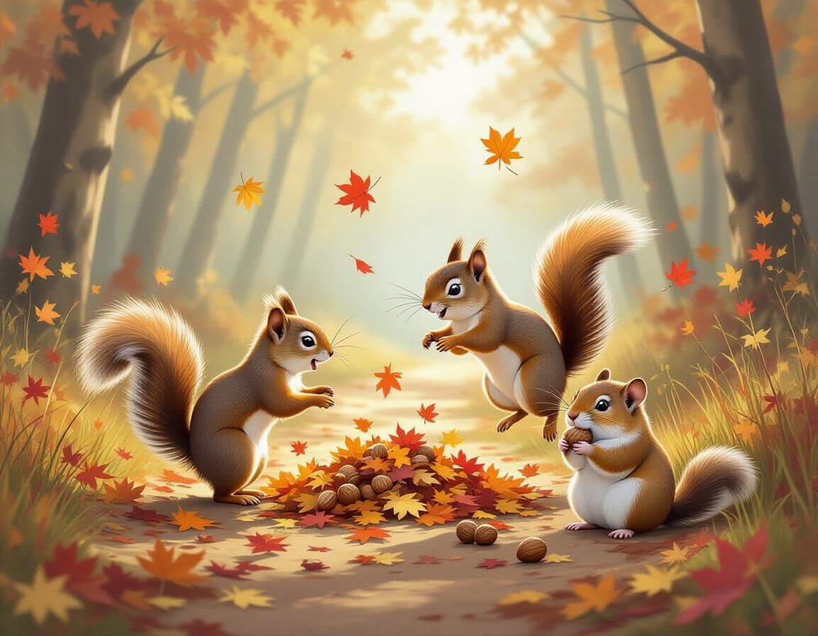 Squirrels Playfully Chasing Through Autumn Leaves