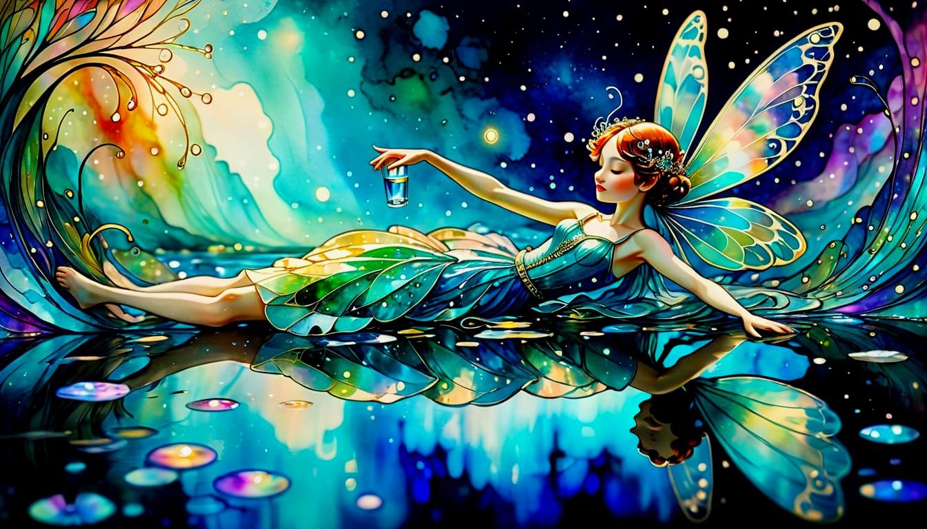 Fairy Descends Holographic River in Art Deco Nouveau Style