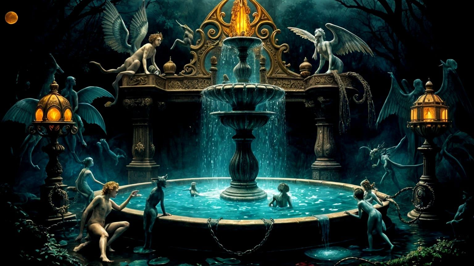 Mystical Fountain with Nymphs in Surrealist Style