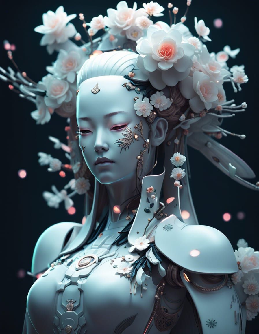 Futuristic Robot Geisha Statue with Flowers