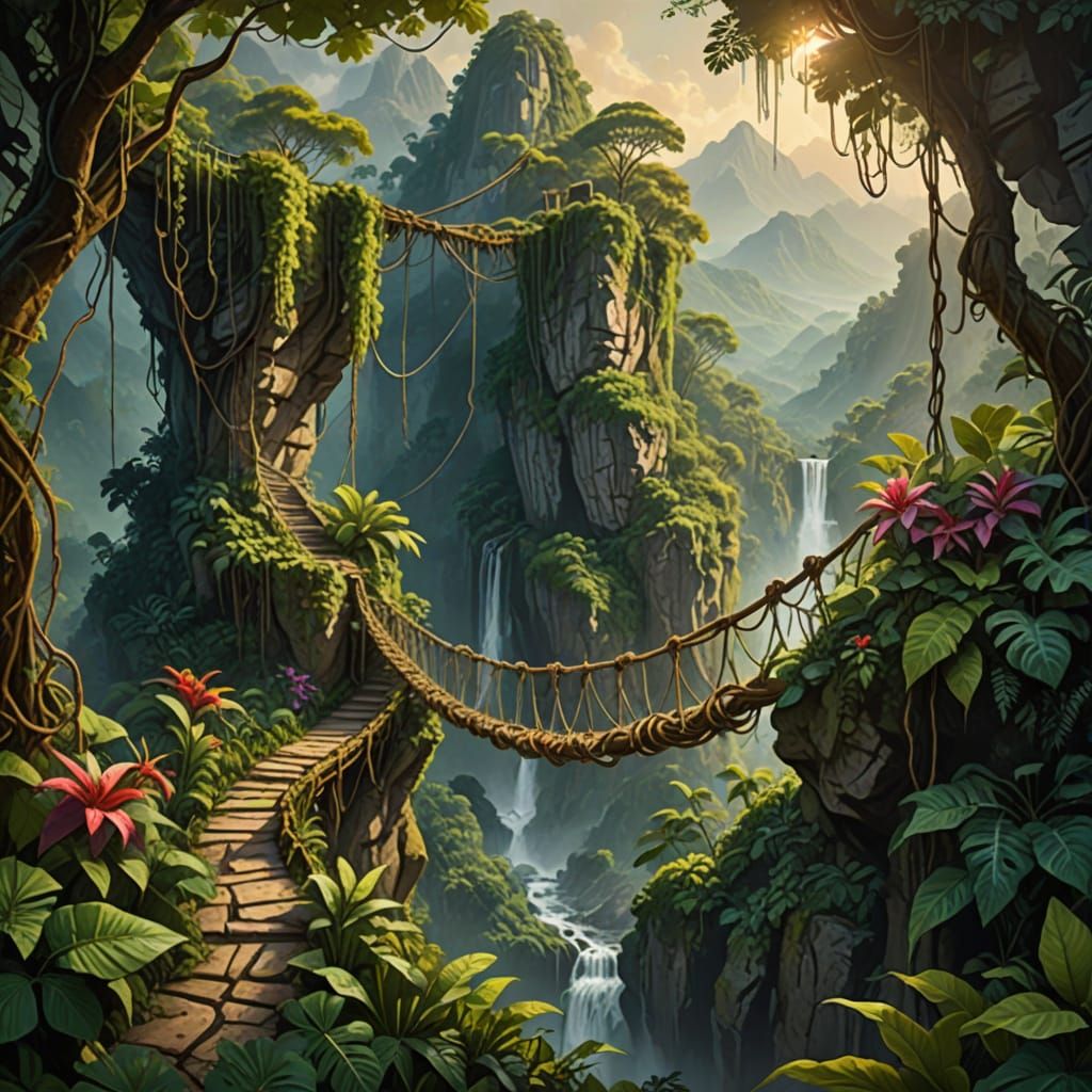 Jungle Vine Rope Bridge to Majestic Mountains in Vibrant Oil...