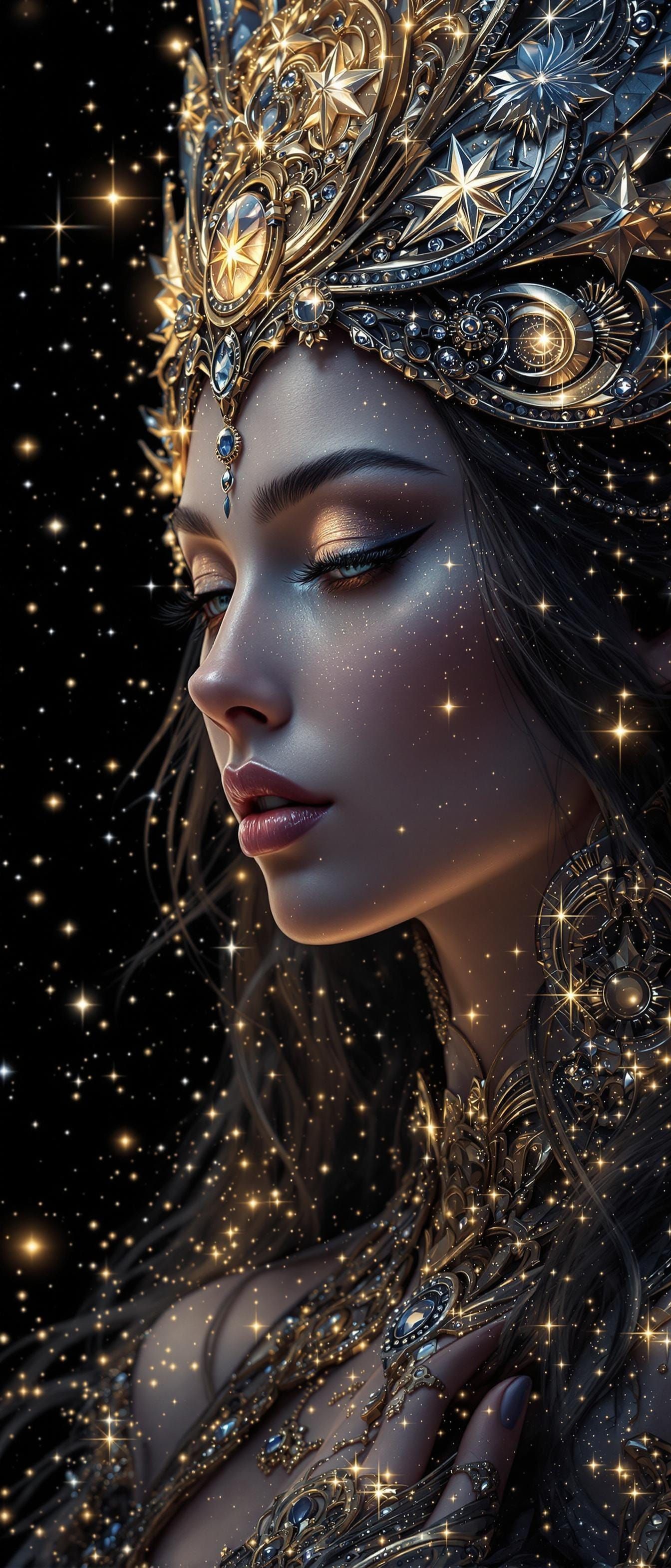Stellar Goddess Portrait in Hyperrealistic Style