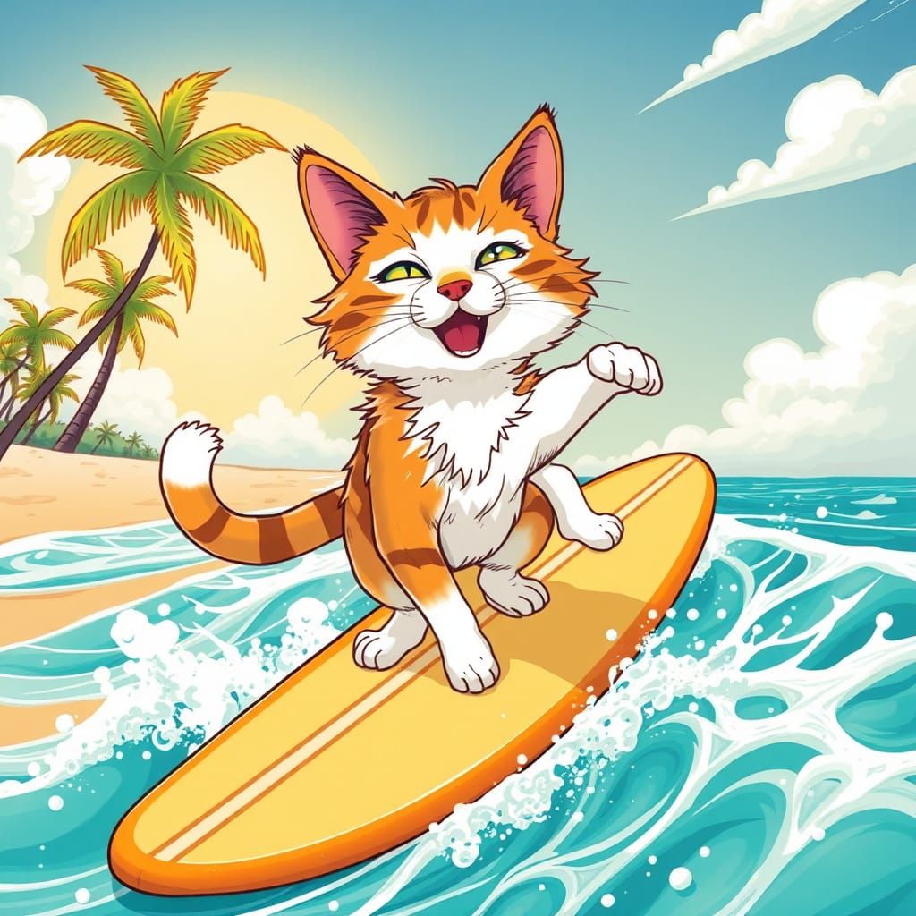 Cat Surfing on Beach in Playful Style