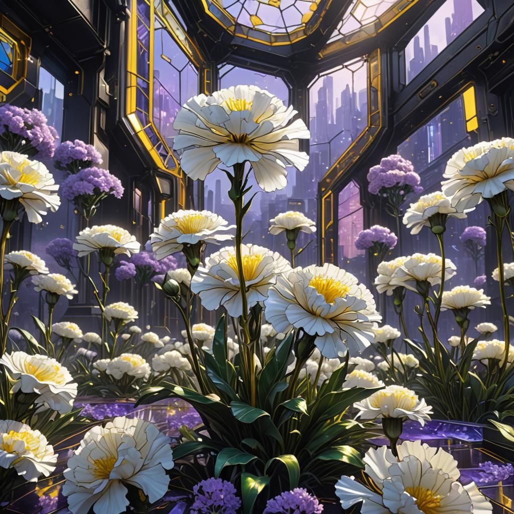 Stained Glass Carnations in Sci-Fi Cityscape