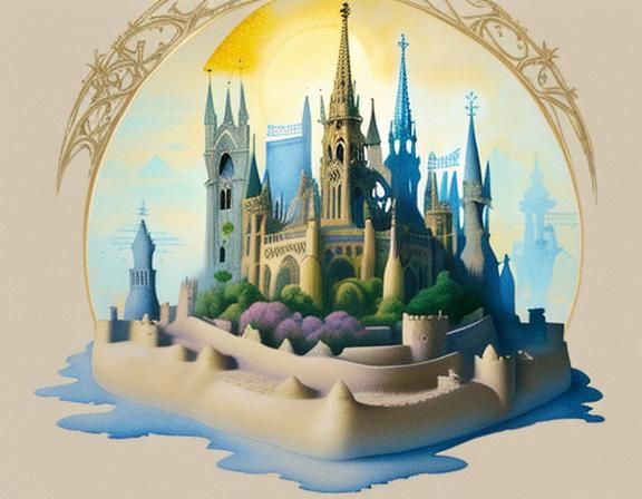 Sandcastle Cathedral: Dreamy Beach Scene in Gouache