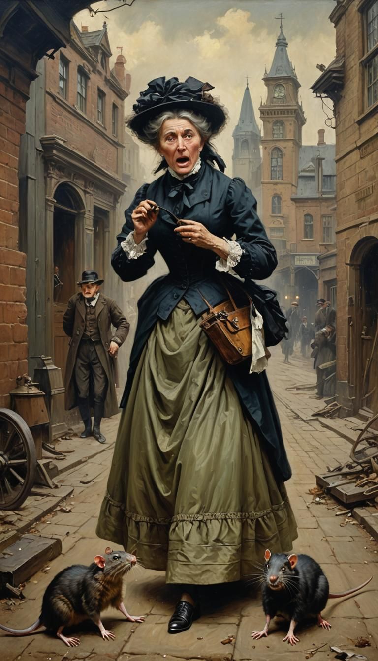 Victorian woman frightened by a massive rat