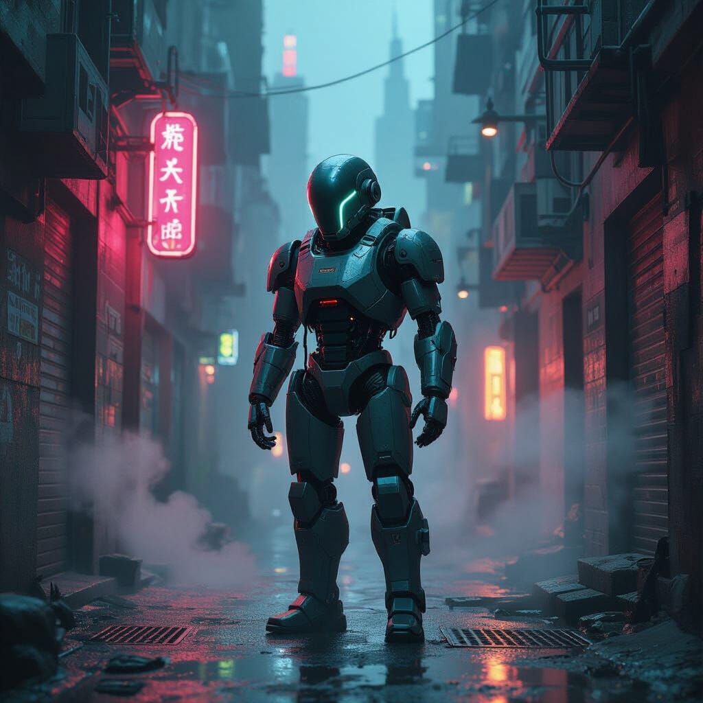 Weathered Robot in Neon Alleyway, Futuristic Cityscape