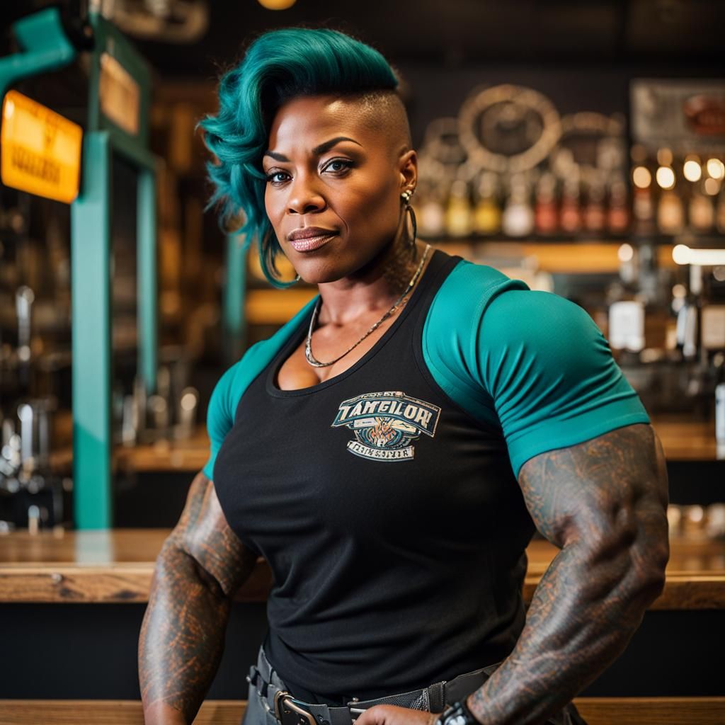 Butch Black Woman Flexing in Bar, Photorealistic Portrait