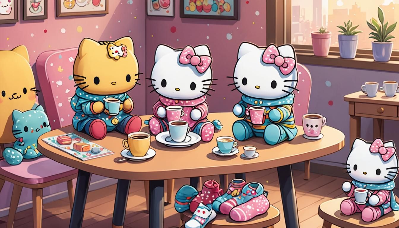 Kawaii Chibi Characters Sipping Coffee, Sanrio-Inspired
