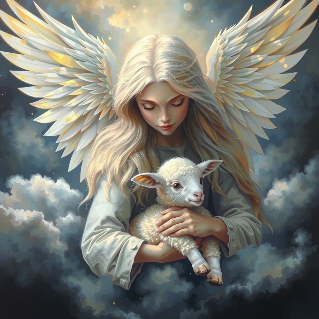Ethereal Angel with Long Hair and a Gentle Lamb