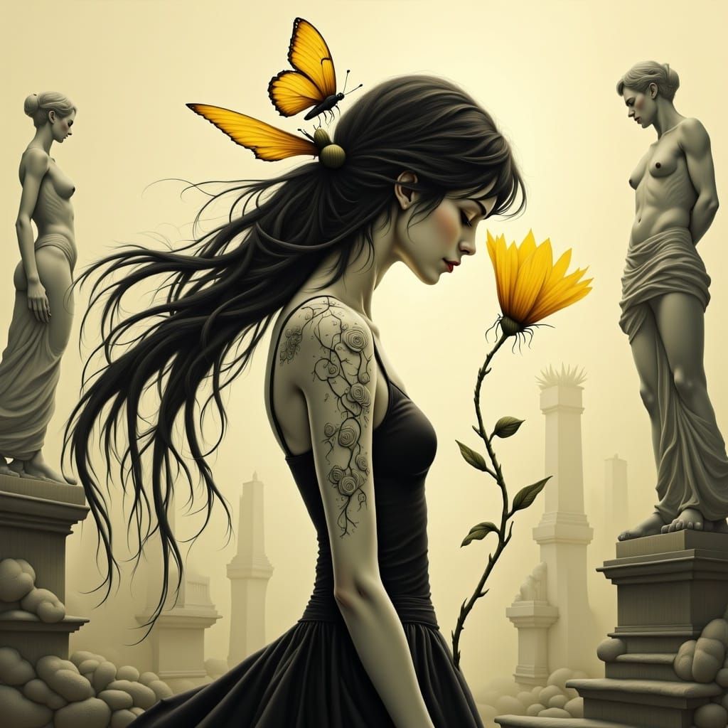 Ethereal Woman with Butterfly in Dreamlike Style