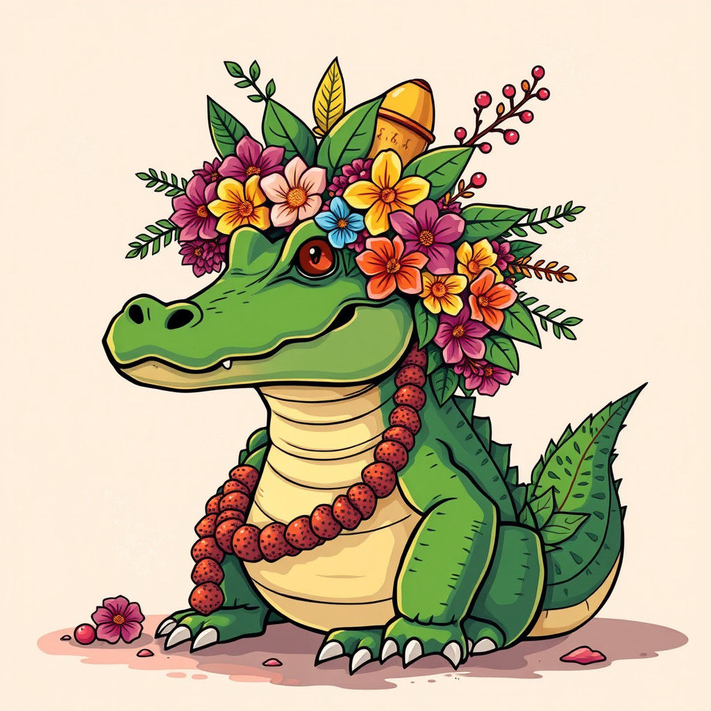 Cartoon Crocodile in Floral Hat: Anime Style