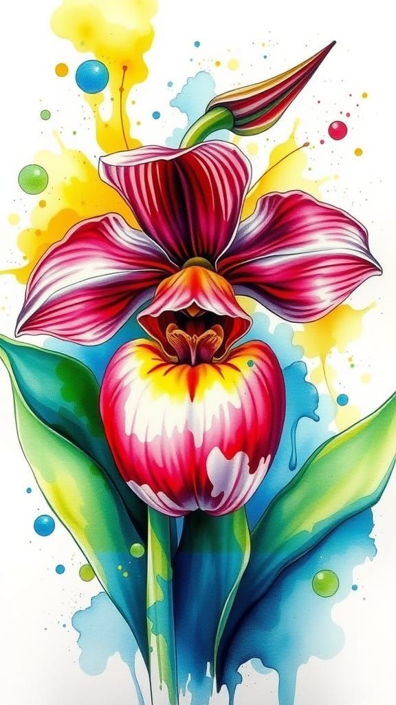 Watercolor Cypripedium Calceolus in Bloom with Vivid Colors