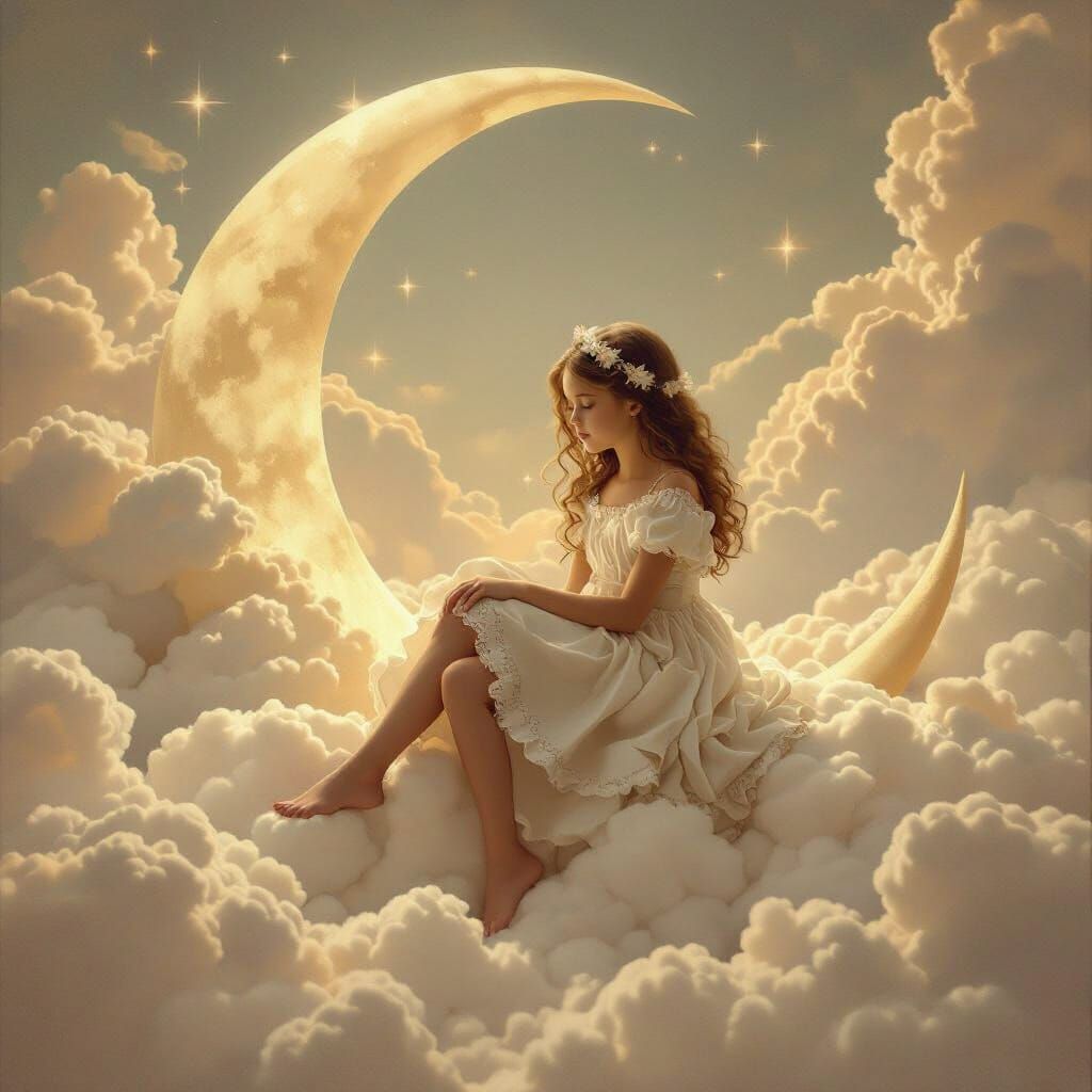 Girl on Crescent Moon Amidst Fluffy Clouds