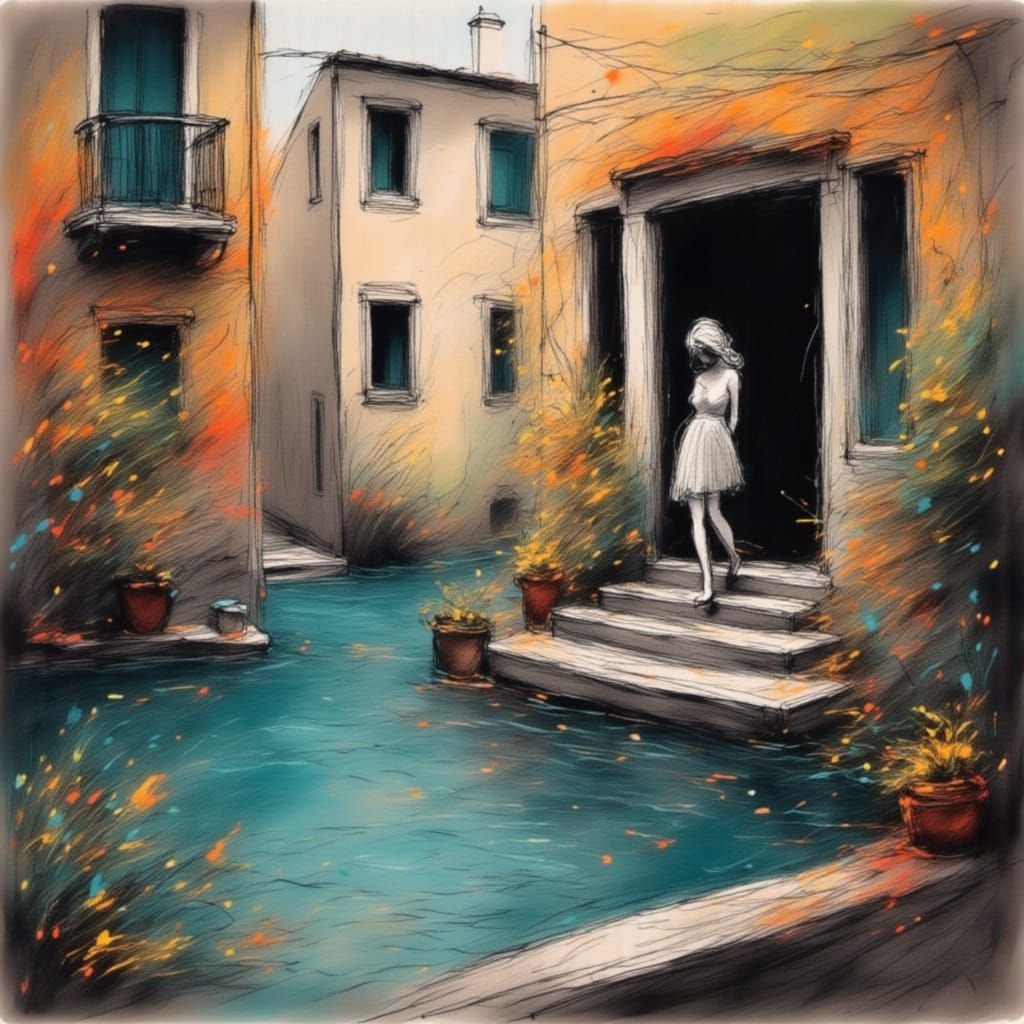 Woman Paddling in Amalfi Village Fountain