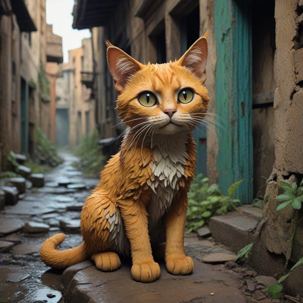 Expressionist Cat Explores Lost City in Bold Colors
