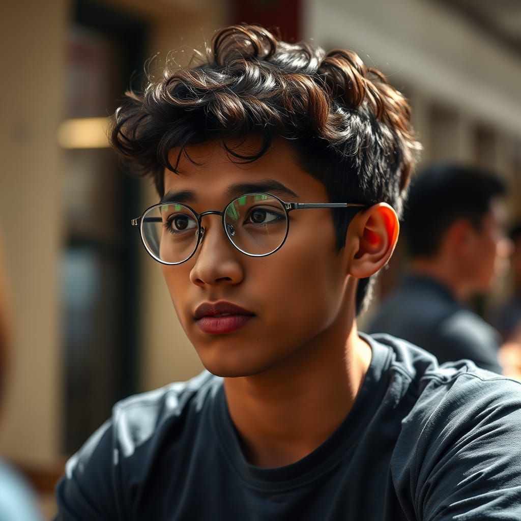 Realistic Portrait of Mikael Andal with Curly Hair and Glass...