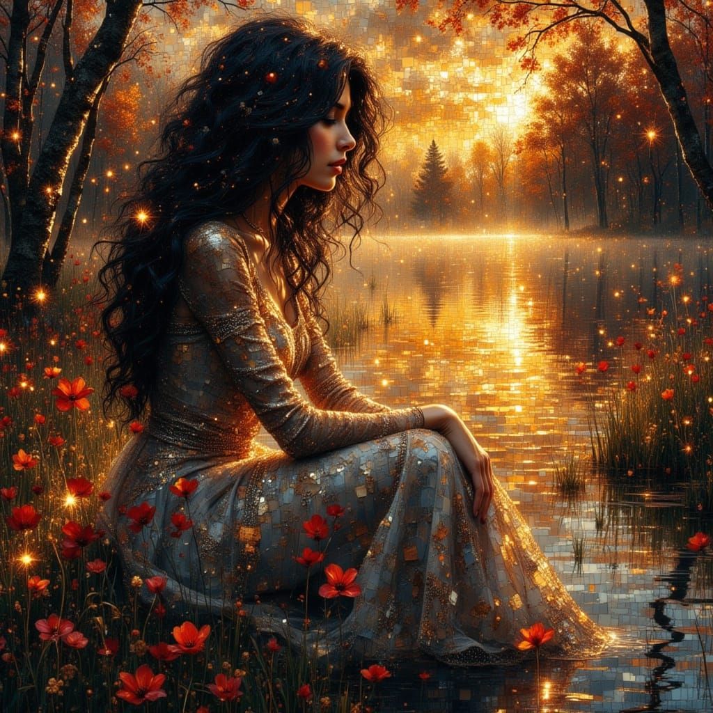 Luminous Mosaic Art with Soft Lighting and Floral Elements