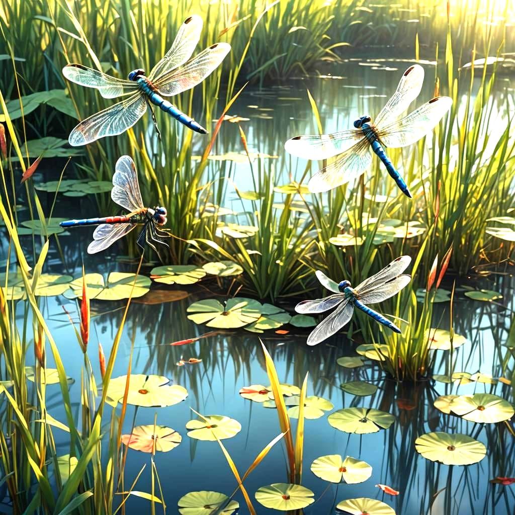Dragonflies Mating Flight Above Summer Pond