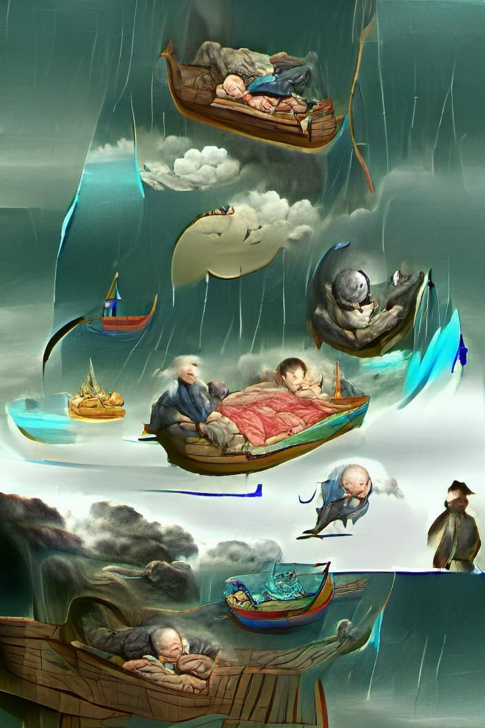 Dreamlike Stormscape: Child, Whale, and Floating Bed