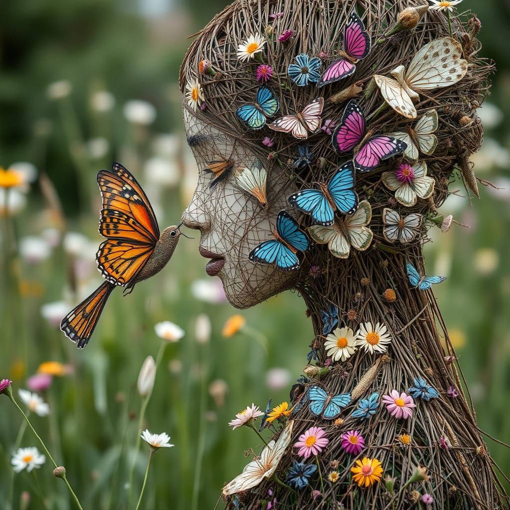 Ephemeral Eco-Art: Woman of Strings Kissing Butterfly Bird