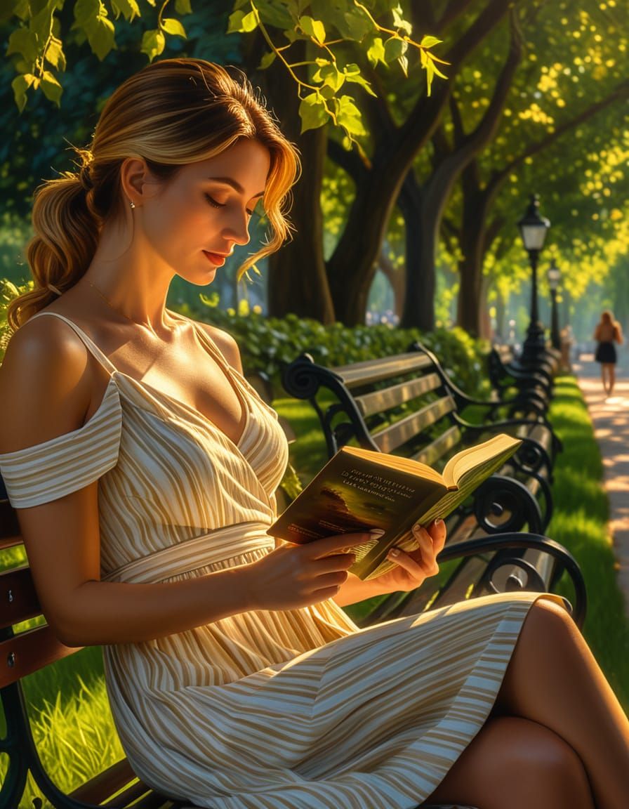 Woman Reading on Bench in Romantic Realism Style