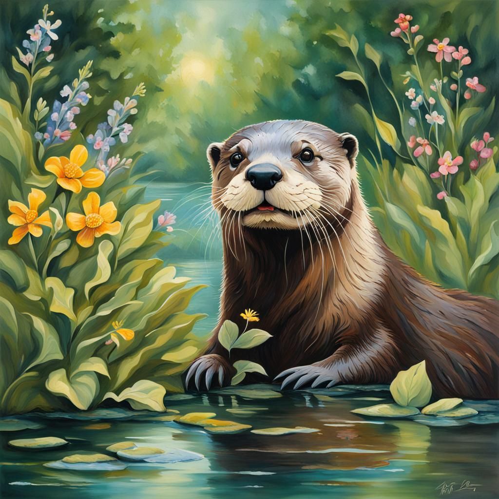 Otter in Stream with Greenery and Wildflowers
