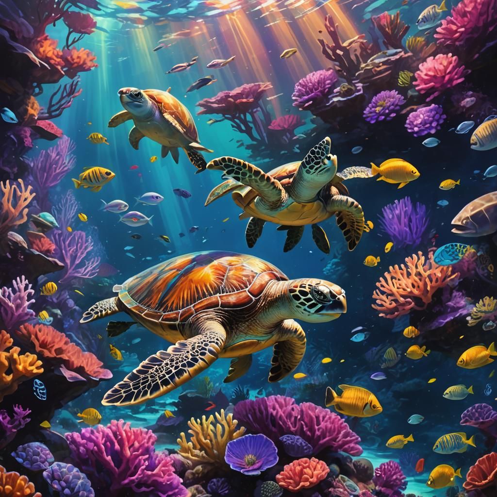 Underwater Scene with Sea Turtle and Bioluminescent Coral