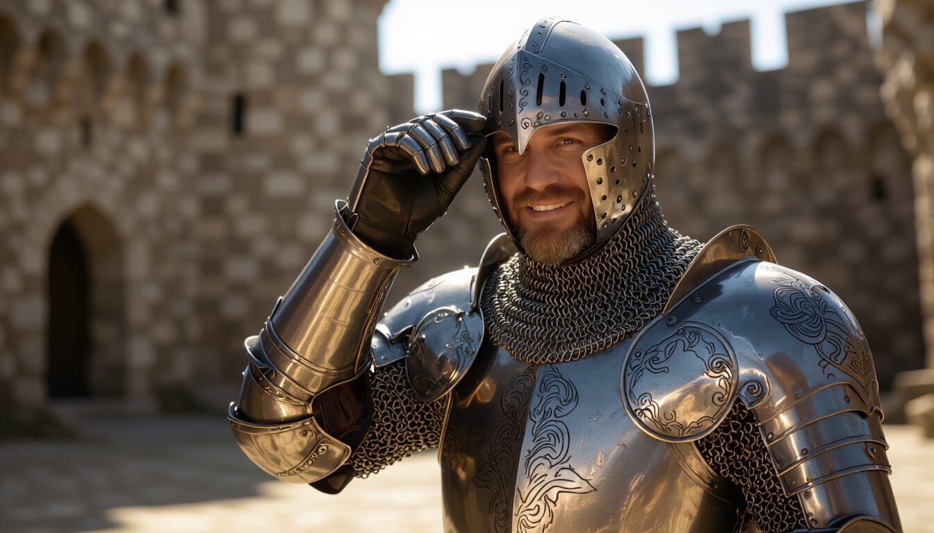 Knight Lifts Helmet in Sunlit Castle Courtyard