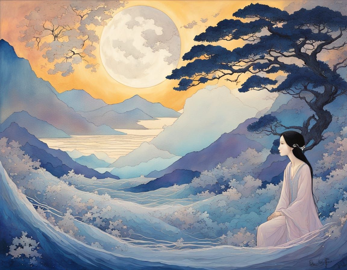 Mystical Figure in Midnight Blue Robes Under Starry Night Sk...