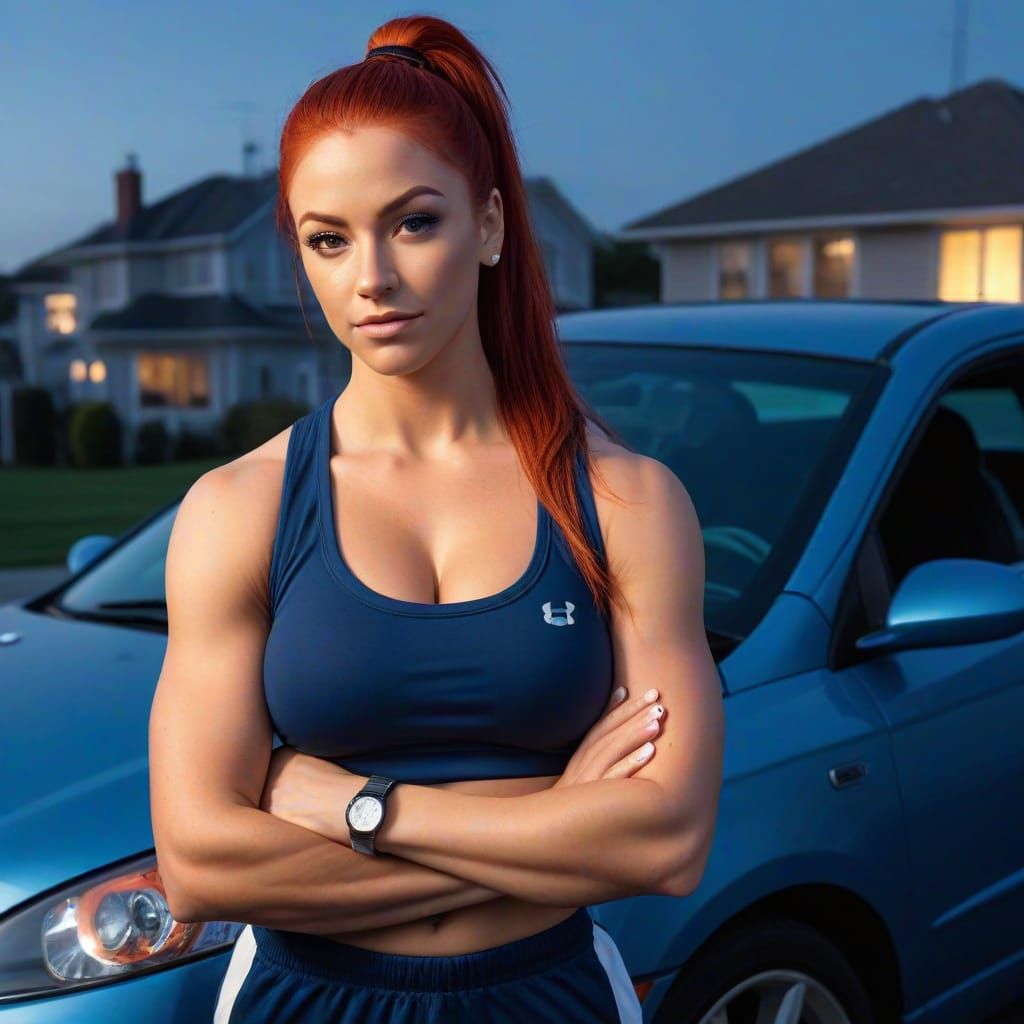 Busty Bodybuilder in Tracksuit Leans on Sports Car