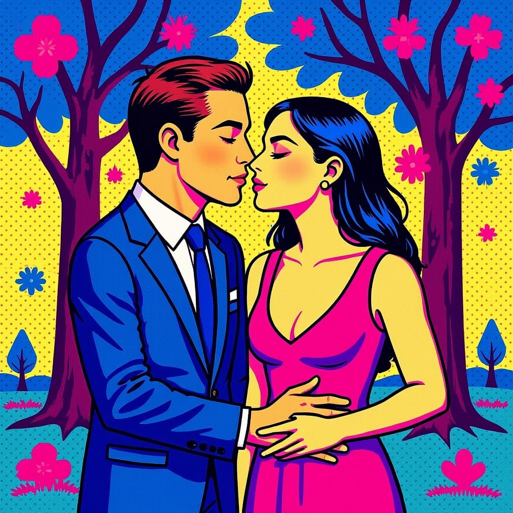 Passionate Kiss in Pop Art Style with Geometric Elements