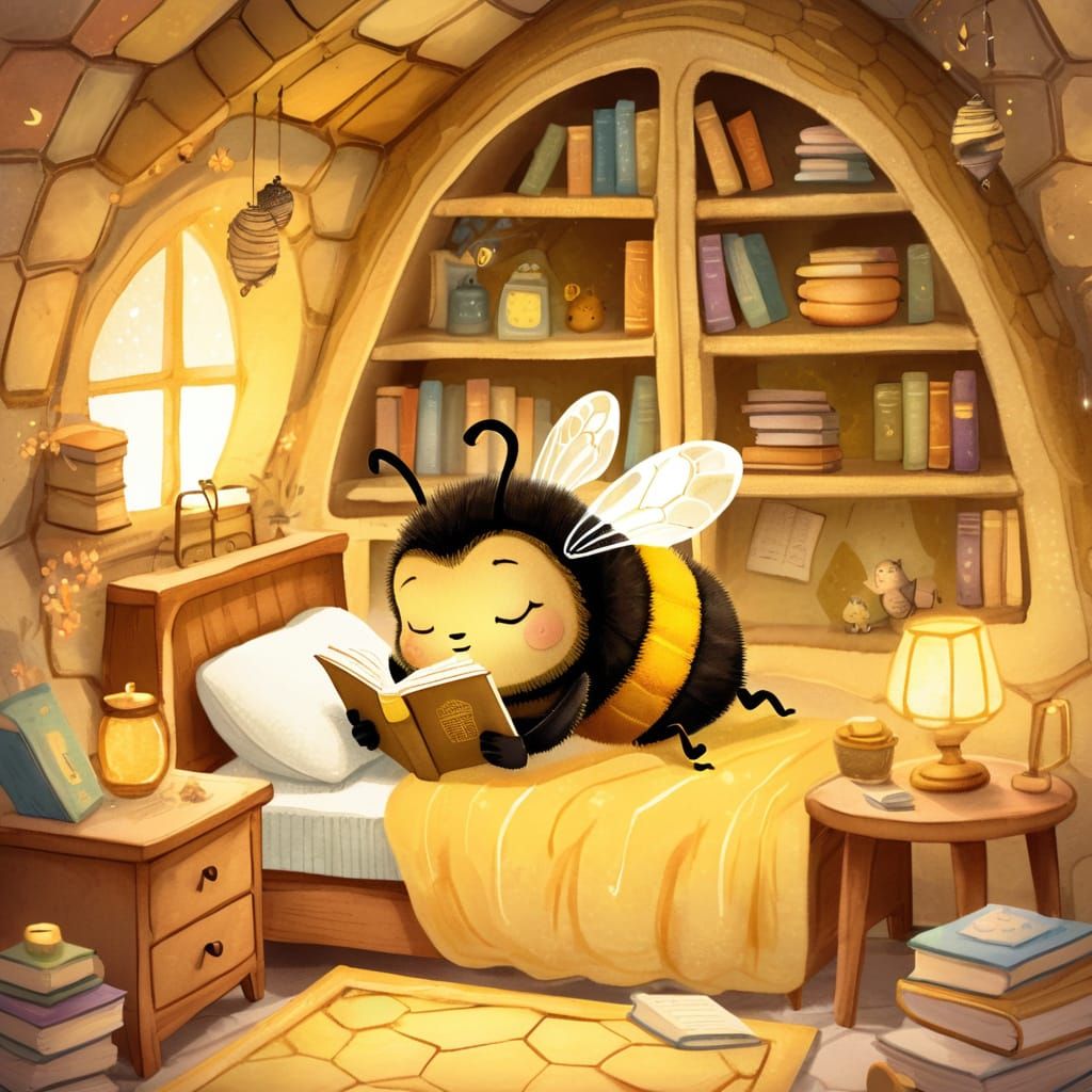 Anthropomorphic Bee Asleep in Whimsical Beehive Bedroom