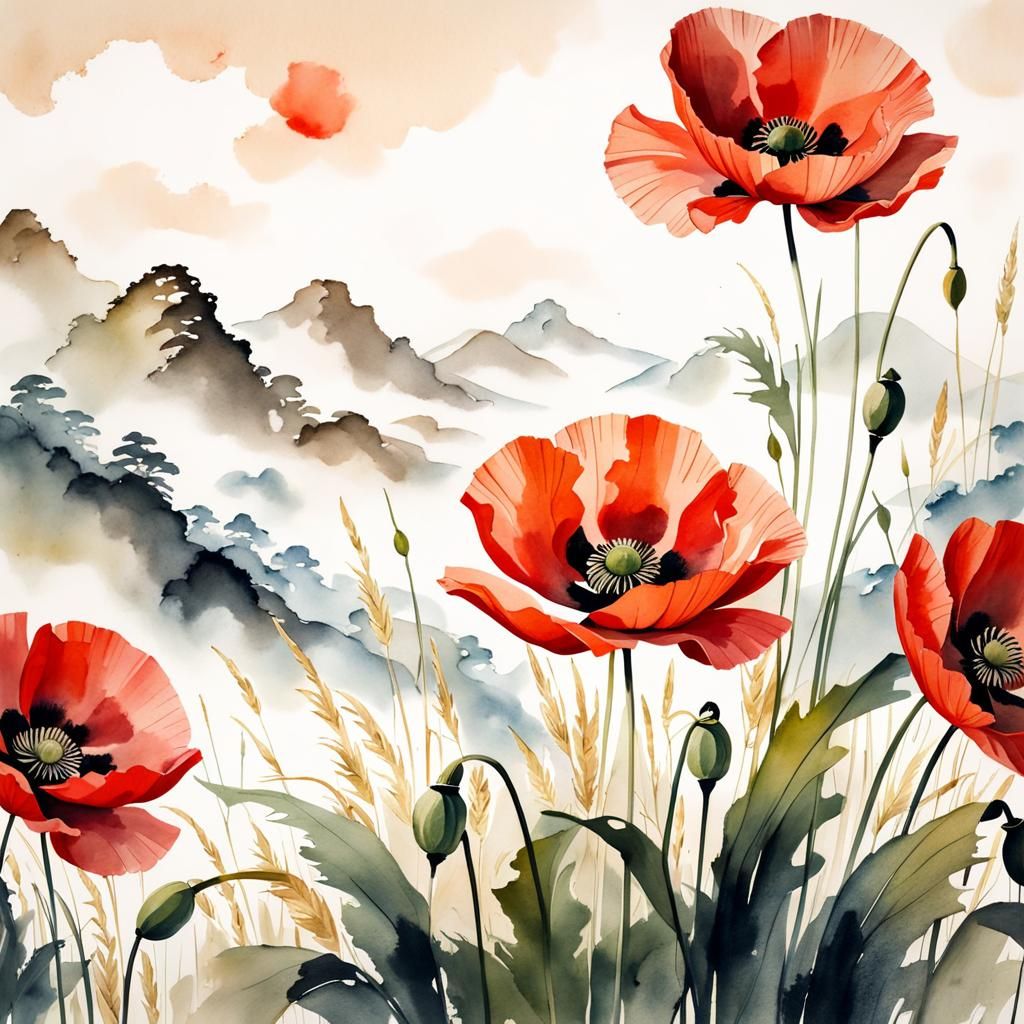 Poppy in Muted Chinese Ink Painting Style