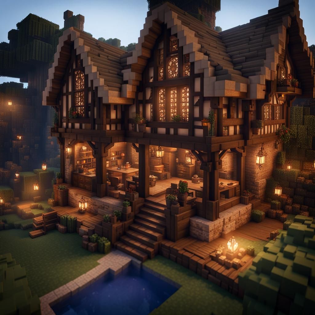 Medieval Minecraft House with Interior: 3D Cinematic Render