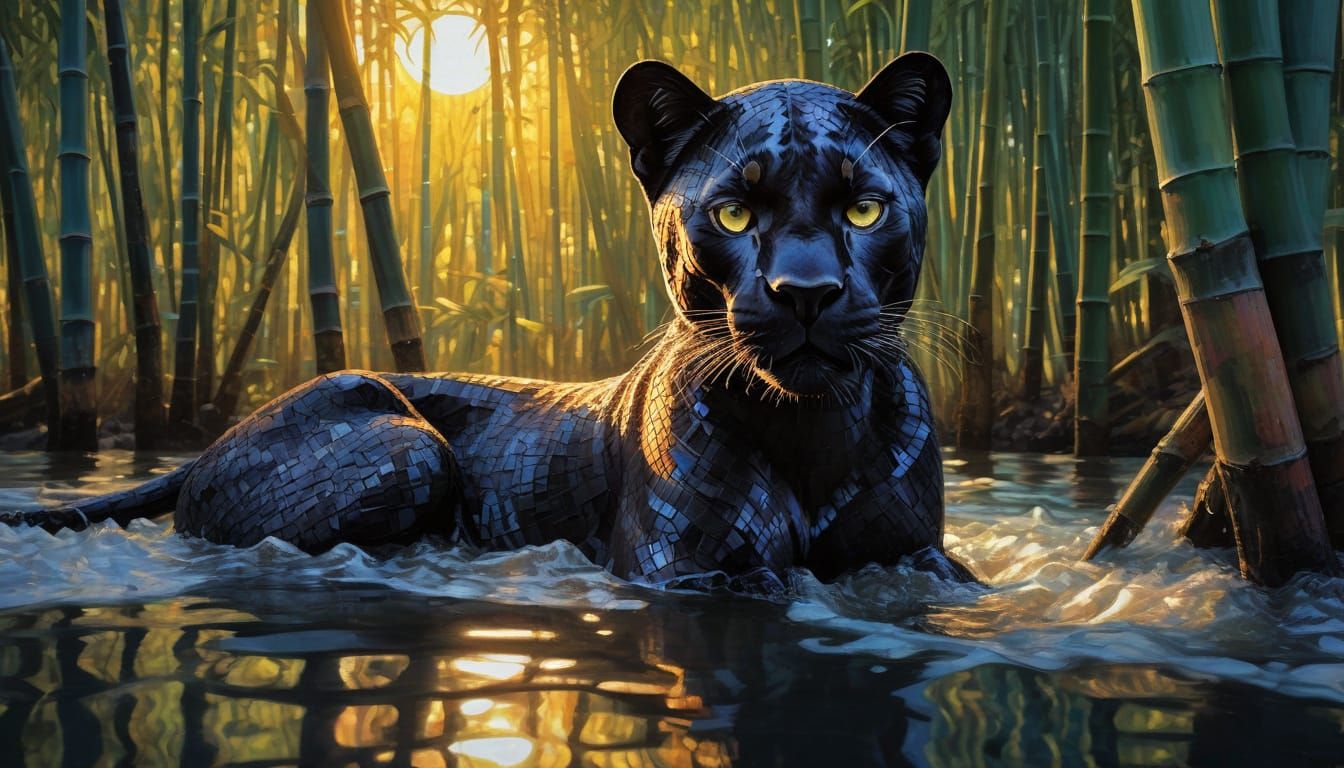 Black Panther in Mosaic Style Behind Bamboo Shoots